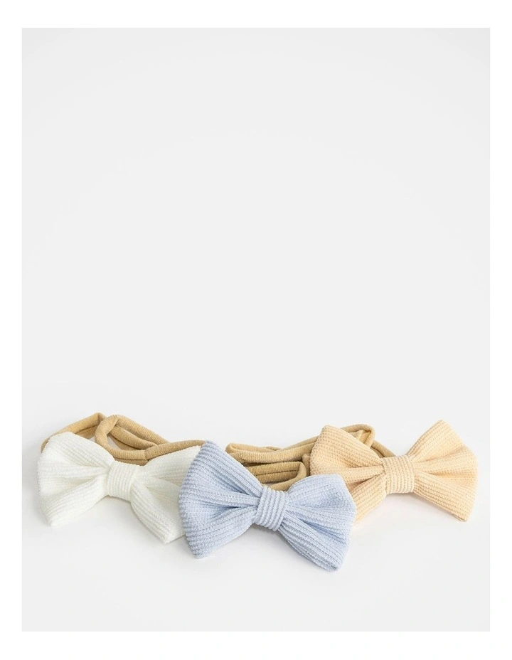 Wishes Baby 3 Pack Ribbed Bow Headbands - White, Beige & Blue image 1