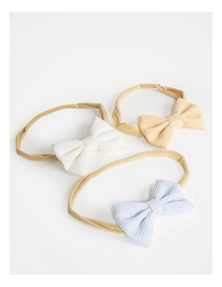 Wishes Baby 3 Pack Ribbed Bow Headbands - White, Beige & Blue image 2