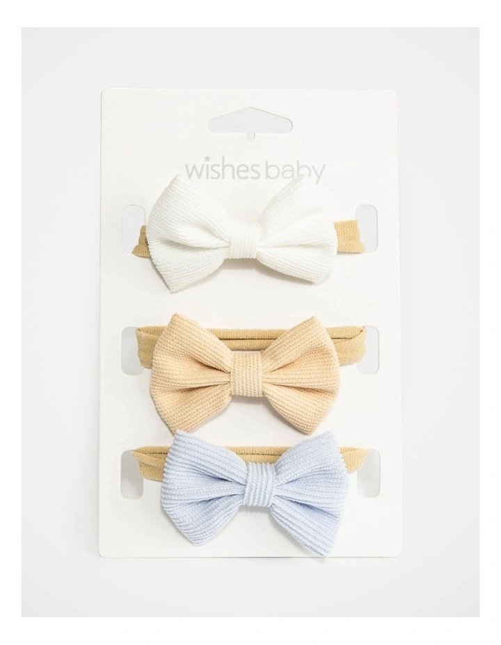 Wishes Baby 3 Pack Ribbed Bow Headbands - White, Beige & Blue image 3
