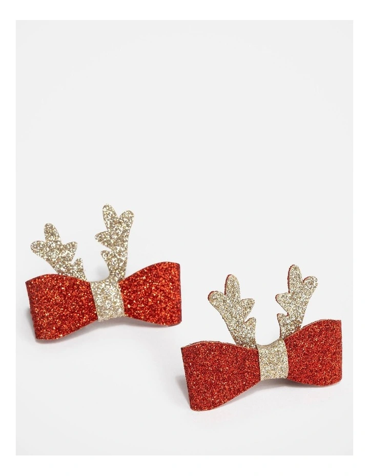 Christmas Glitter Reindeer Bow Hair Clips Set image 2